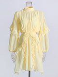 Retro Style 2025 Summer New Mesh Collar Long Sleeves Wood Ear Design Lumbar Short Dress Woman