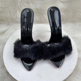 12Cm Pointed Thin Heeled Tips High Heels Women Black Hair Cool Slippers High Quality Shoes