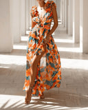 New Fashion Casual Home Sexy Printing Tie With Waist Folded Dress Woman