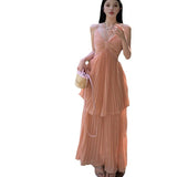 And Sexy Hanging Neck Sling Dress Summer Temperament High-End Seaside Holiday Dress Waist 100 Folded Skirt
