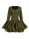Fairy Dress 2025 New Square Collar Single Buckle Lotus Side Horn Sleeve Short Dress