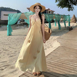 Summer New French V-Neck Hanging Neck Sling Skirt Loose Seaside Holiday Dress Woman