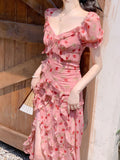 Sheath V Neckline Ruffled Pink Chiffon Floral Beach Dress Women's Vacation Dresses SD1138