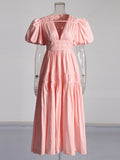 Retro Elegant Style Dress 2025 Summer New V-Neck Bubble Sleeve Folded Lotus Leaves Side Waist Dress Dress Woman