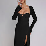 Small Sexy Lace Splicing Dress Dress Dress Woman Fashion Temperament Straight Fork Dress DJPT