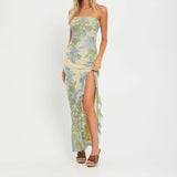 New Holiday Style Printed Floral Dress Open Long Dress Hot Girl Breast Skirt HZ0628