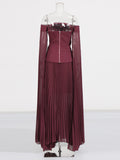 Famous Wind 2025 Summer New One-Word Shoulder Ribbon Sleeve Design Top + Folded Mesh Dress Suit Female
