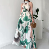 Women's Summer Hanging Neck High Waist Repair Sexy Graffiti Lace Open Dress