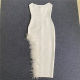 Open Fork Bra Feather Bandage Repair Body Elastic Party Mid-Long Dress Dress Dress
