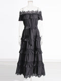 Court Style 2025 New Heavy Industry Lotus Leaf Side Shoulder Shoulder Lace Dress Solid Color Dress Woman
