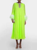 2024 New Round-Neck Heavy Industry Nail Nails And Fur Folding Process Horn Sleeve Long Dress