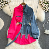 Hong Kong Flavor Temperament With Belt With Belt Color Cowboy Shirt Spring New Chi Casual Long Blouse DJPT