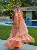 Printed Holiday Dress 2025 Summer Show Back New Hanging Neck Sleeveless Swing Leaves Side Dress Woman