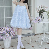 Blue Flower Floral Bud Dress 2024 New Sweet Sling With Short Small Man Dress