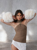 Women's Solid Color Hanging Neck Sleeveless Metal Ring High-Neck Short-Sleeved Vest DJPT