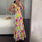 Women's Summer Leader Flying Flying Flying Sleeves Shredded Floral Skirt High Waist Repair Splicing Umbrella Skirt Woman
