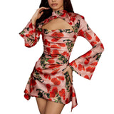 Dress Hollow Sexy Floral Dress Print Collar Cheongsam Dress