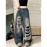 Vintage High Street Design Hole Jeans Women's High-Lumn Loose Vibe Fried Street Trousers DJPT
