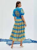 Autumn New French Retro Printing Splicing Process Single Buckle Belt Belt Waist Long Dress Dress Woman