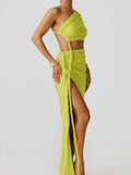 Irregular Shoulder Wrinkled Chest Skirt Woman 2025 Summer New Sexy Bare-Backed Rope Open Fork Dress HZ0628