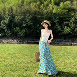Holiday Style Suit French Rope Smear Vest Top Woman Summer Blue Floral Half Dress Two Sets
