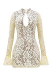 Sister Pure Desire To Sexy V-Neck Hollow Lace Long-Sleeved Mini Short Dress Women Autumn And Winter Harvest Thin-Butbum Dress