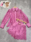 New Temperament Hollow Embroidered Lantern Sleeve Tops Shorts With Belt Belt Waist