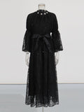 Retro Wind Collared Diamond Splicing Dress 2025 New Women's Summer Lace Yarn Dress