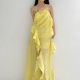 New Lotus Leaf Side Collar Hanging Neck-Loan Dress Seaside Holiday Atmosphere Dress