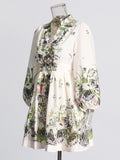 Famous Elegant Temperament Wind Dress 2025 Spring New V Collar Lantern Sleeve Print Single Buckle Skirt Woman