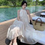 Summer Dress French Apricot Embroidered Hanging Neck Dress Sleeveless Shoulder Big Skirt Holiday Dress Dress