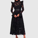 French Retro Elegant Style Embroidery Dress Collared Cardigan High-Waist A-Shaped Dress