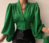 Explosion Spring New Temperament Button V Collar Lantern Sleeve T-Shirt DJPT