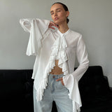 Women's Round Collar Horn Sleeve Lotus Leaf Side Design Micro-Permeable Shirt Top DJPT