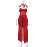 Autumn 2025 New Temperament Sexy Mesh Splicing Shrink-In-Law Skirt Dress Woman DJPT
