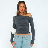 Women's Clothing 2025 Autumn And Winter 2025 New Long-Sleeved Slender Collared Shoulder Hottie Top DJPT