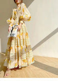 Niche 2024 Spring New Round-Neck Lantern Sleeve Top With Rubber Ribs Waist Dress Printed Fashion Set