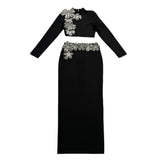 Fashion Diamond-Staggered Bandage Skirt Set Long Sleeve Half-Necked Short Blouse Dress Two-Sleeve Woman