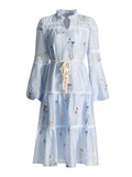 Temperament Elegant Style Dress 2025 Summer New Embroidery Printing V-Neck Lantern Sleeve Tied Dress Dress Woman