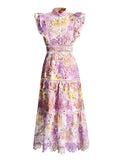 Bohemian Style Elegant Wind 2025 Summer Round Lead Flying Sleeves To Close The Waist Chopped Flower Long Dress Woman