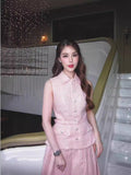 Design Pink Temperament Beads Top 2024 Summer Beauty POLO Received Waist 100 Folded Skirts Two Pieces