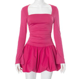 Women's Solid Color Square Collars With Long Sleeves Elegant Floral Skirt DJPT