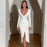 Women's Deep V Long Sleeves High Open Sexy Dress DJPT