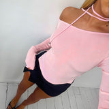 Women's INS Spring New Net Color Care Machine Slanted Shoulder Long Sleeves Hottie T-Shirt DJPT