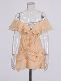 Holiday Wind Shoulder Short Dress 2025 New V Collar Shoulder Lotus Side Flower Dress Female High Sense