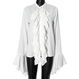 Women's Round Collar Horn Sleeve Lotus Leaf Side Design Micro-Permeable Shirt Top DJPT