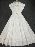 Spring And Summer Holiday Wind Collar Lace Splicing Hollow Belt Shirt Dress Dress