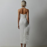 Open Fork Bra Feather Bandage Repair Body Elastic Party Mid-Long Dress Dress Dress
