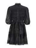 Luxury Wind Hollow Lace Splicing 2025 Summer New Lantern Sleeve Buckle Long Solid Female Dress