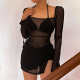 Women's Clothing 2025 Spring And Summer New Net Mesh Long Sleeve Open Fork Short Dress Woman DJPT